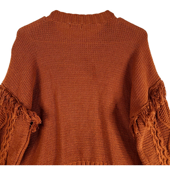 ANA Cable Knit Sweater Petite Small Bishop Sleeve Rust Orange Fringe Bohemian - Picture 4 of 13
